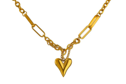 Elegant gold necklace featuring a unique heart-shaped pendant.